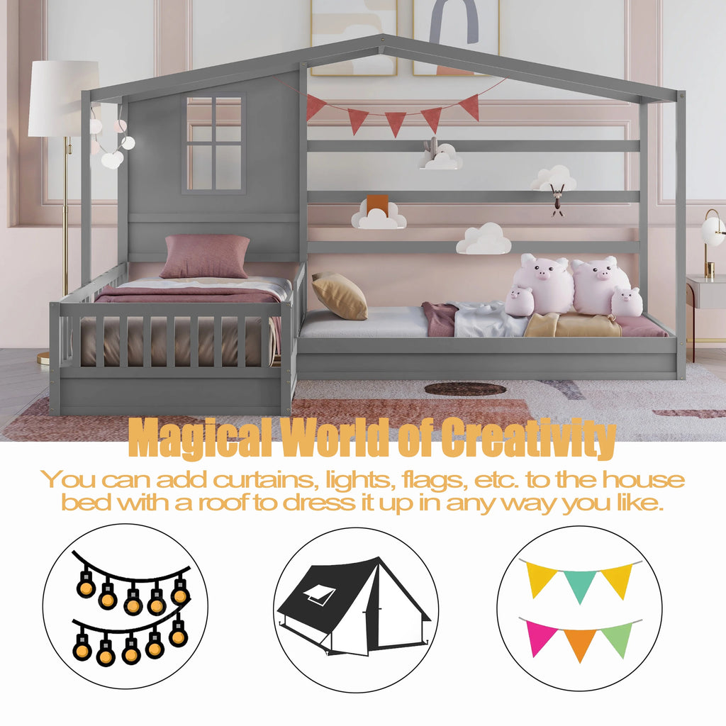 Wood L-Shape Twin Bed Frame with Roof and Fence Railings X2473