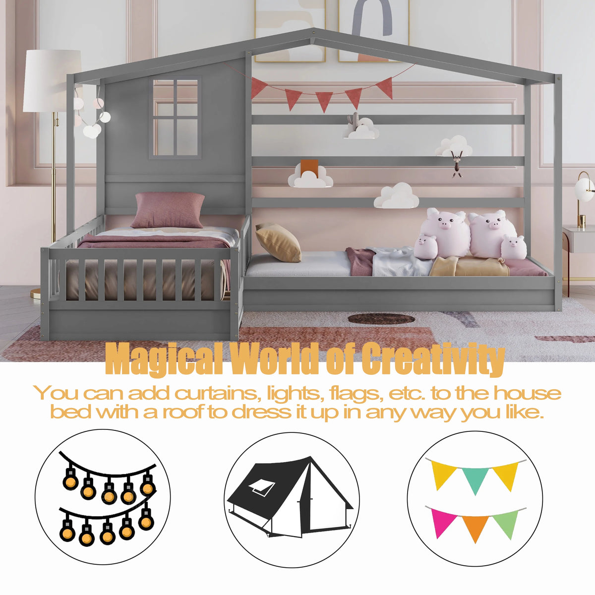 Wood L-Shape Twin Bed Frame with Roof and Fence Railings X2473
