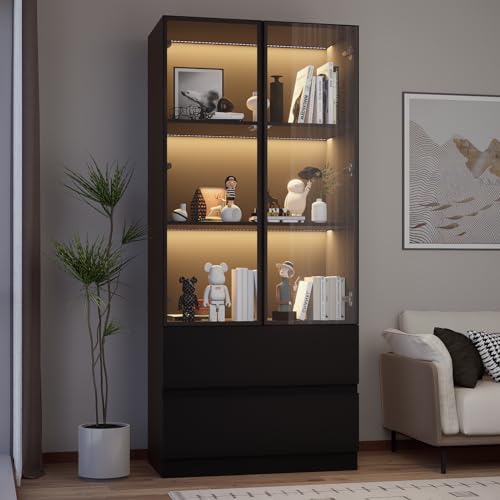 Glass Display Cabinet with LED Lights, 3-Tier Shelves and 2 Drawers I2698