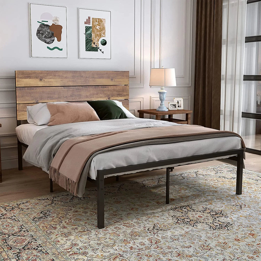 Queen Size Metal Wood Bed Frame with White Headboard I798534