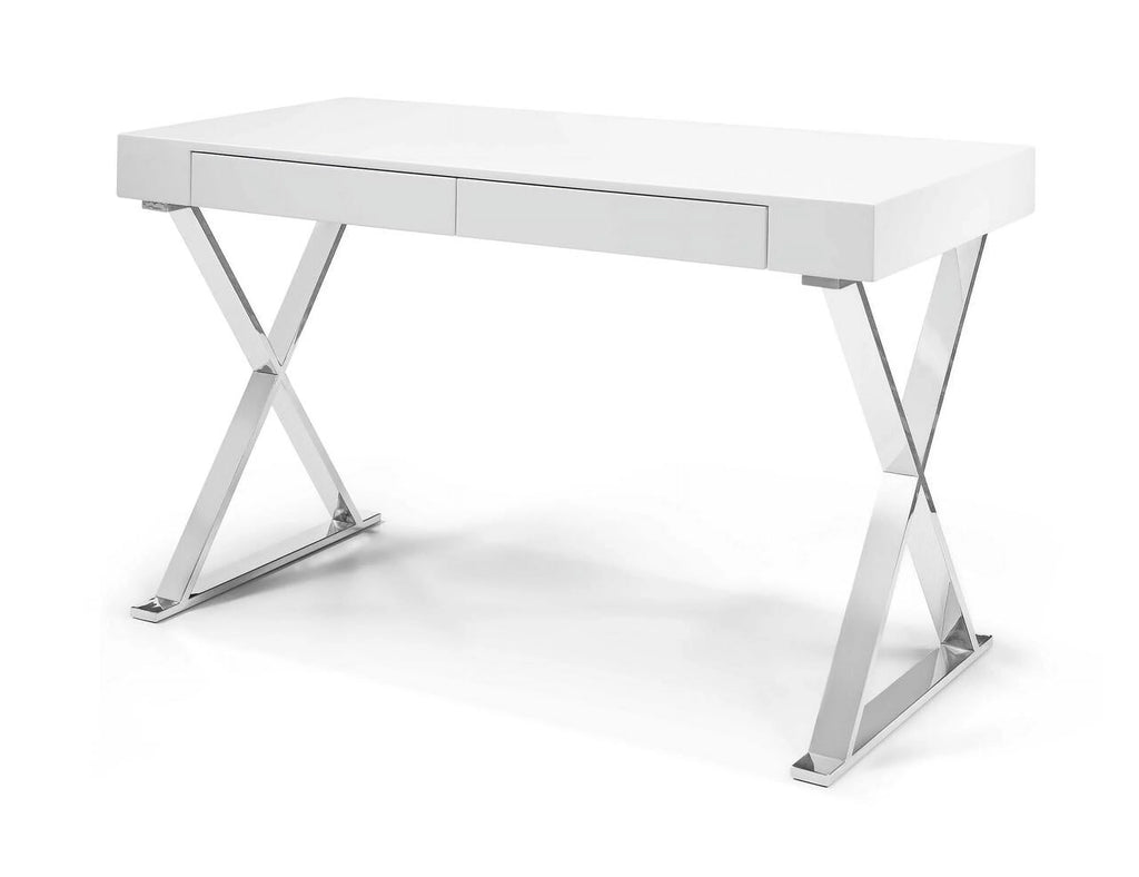 High Gloss White Desk with Two Drawers and Stainless Steel Base M175015