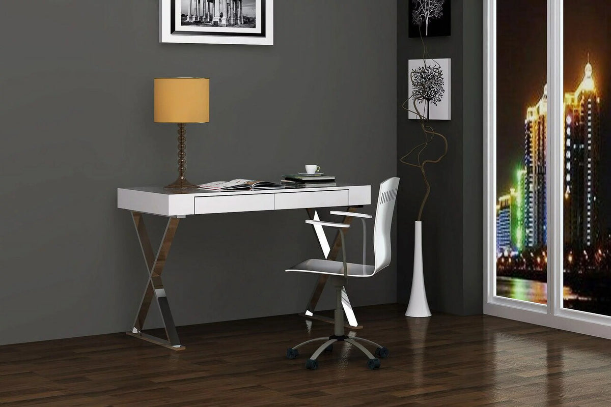 High Gloss White Desk with Two Drawers and Stainless Steel Base M175015
