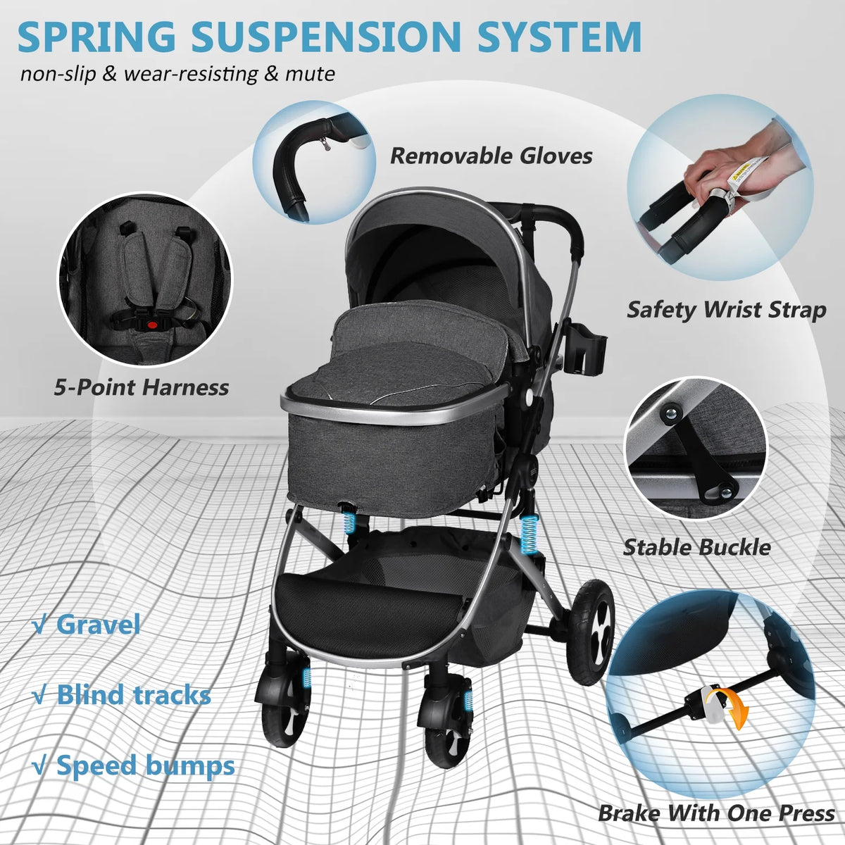 2 in 1 Convertible Baby Stroller Dark Grey A1872