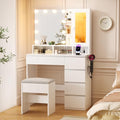 White Vanity Desk with Mirror and Lights, Stool, 5 Drawers and Open Shelves B459192