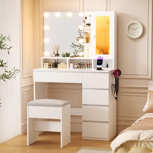 White Vanity Desk with Mirror and Lights, Stool, 5 Drawers and Open Shelves B459192