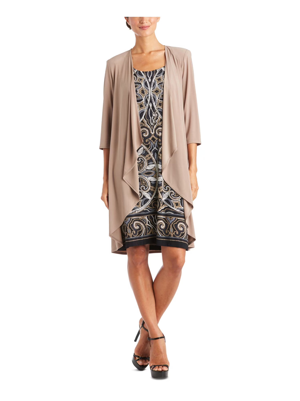 Brown 3/4 Sleeve Open Front Waterfall Cardigan Plus 20W V7653