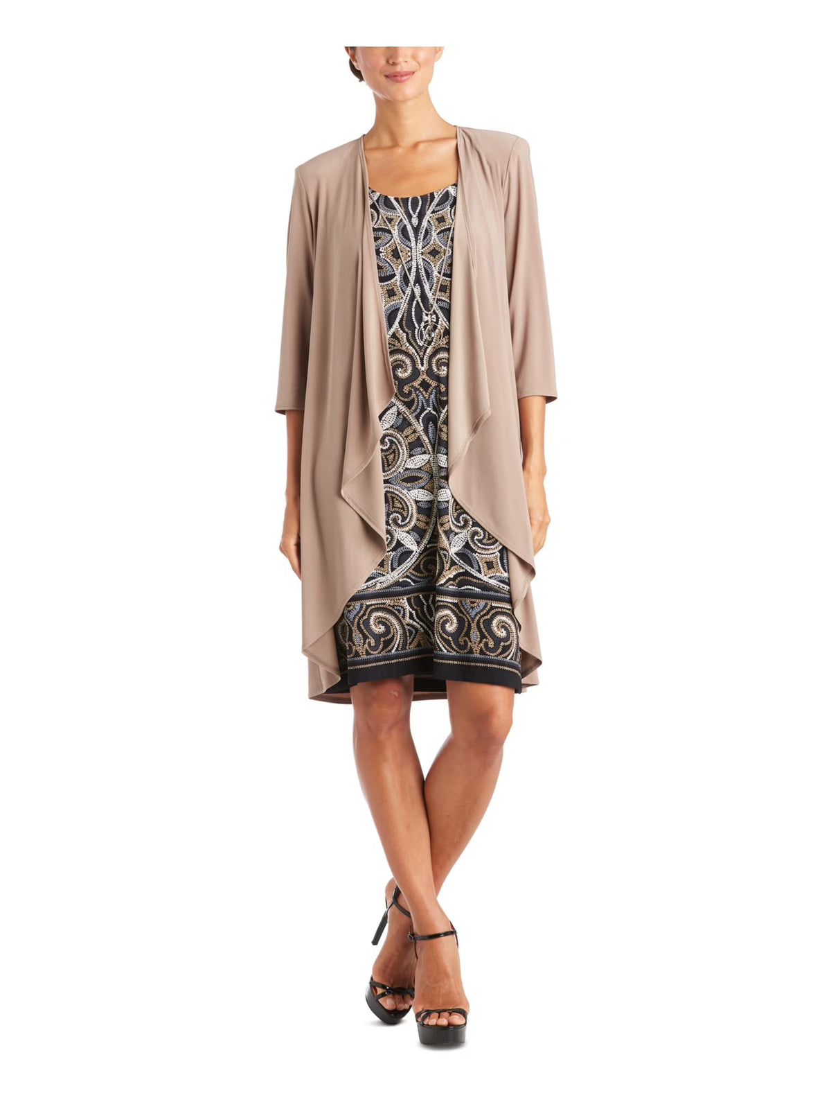 Brown 3/4 Sleeve Open Front Waterfall Cardigan Plus 20W V7653