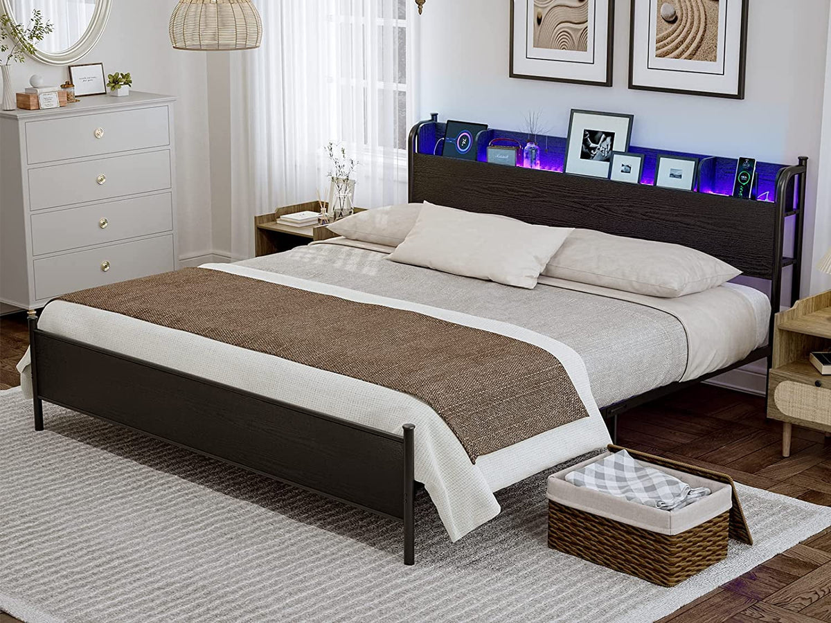 Black Twin XL LED Bed Frame with Storage Headboard and USB Ports T705251