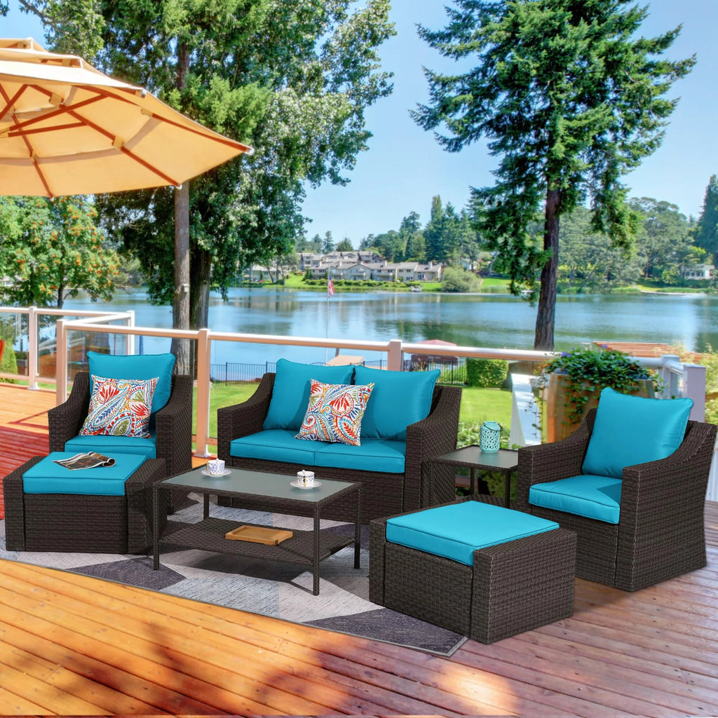 8 Pieces Black PE Wicker Patio Sectional Sofa Set with Lake Blue Cushion V3294