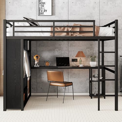 Queen Size Metal Loft Bed with Wardrobe and L-Shaped Desk Y846
