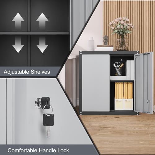 Metal Storage Cabinet with Locking Doors and Wheels, Black+Grey A83591