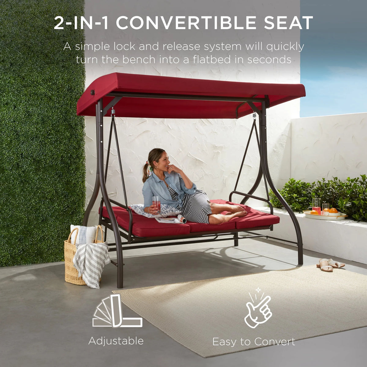 3-Seat Outdoor Converting Canopy Swing Glider Hammock with Removable Cushions S19732