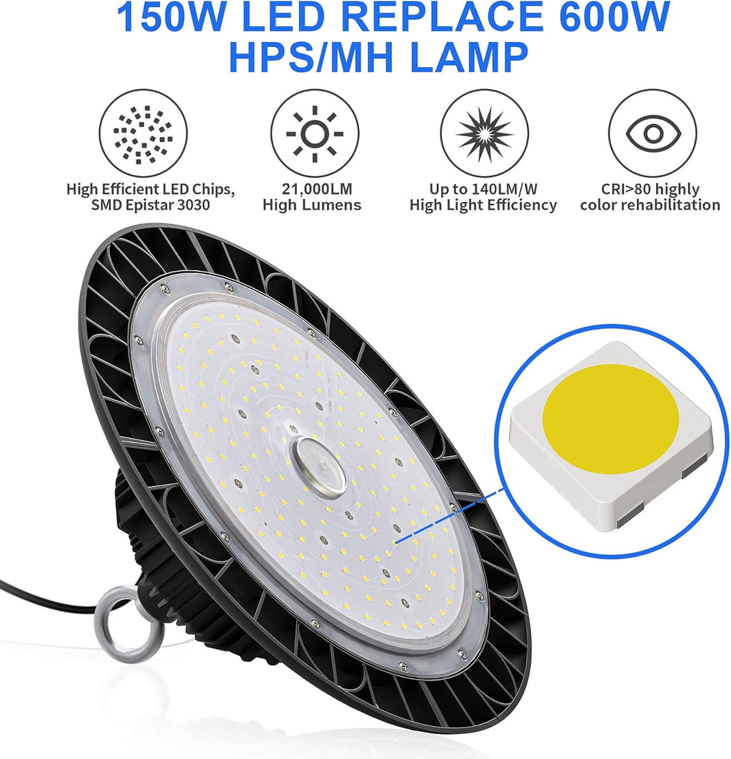 LED High Bay Light 150W 21000 LM 5000K Daylight IP65 Waterproof Non-Dim UFO Commercial Warehouse Lighting Fixture R7385