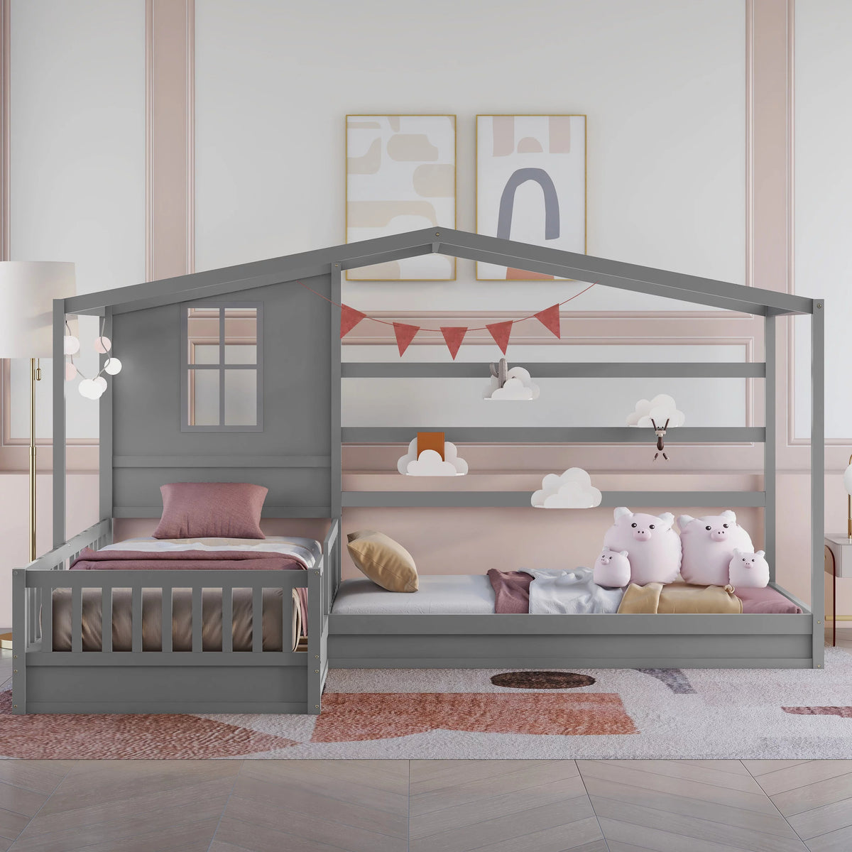 Wood L-Shape Twin Bed Frame with Roof and Fence Railings X2473