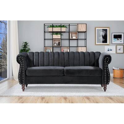 Black Velvet Rolled Arm Chesterfield Sofa V220869