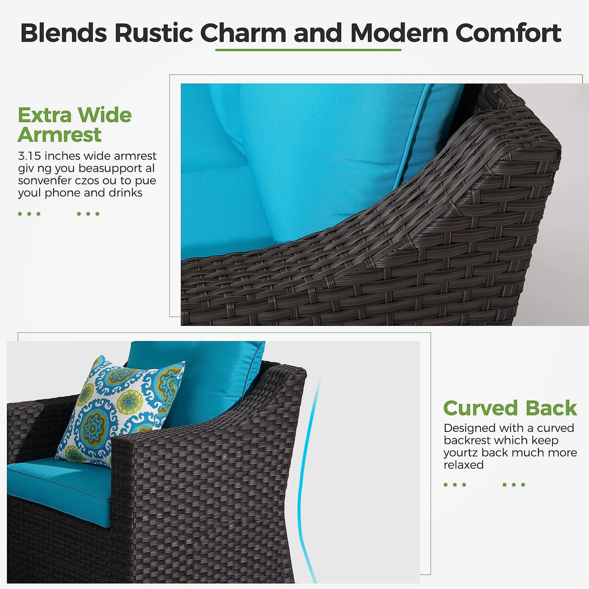 8 Pieces Black PE Wicker Patio Sectional Sofa Set with Lake Blue Cushion V3294