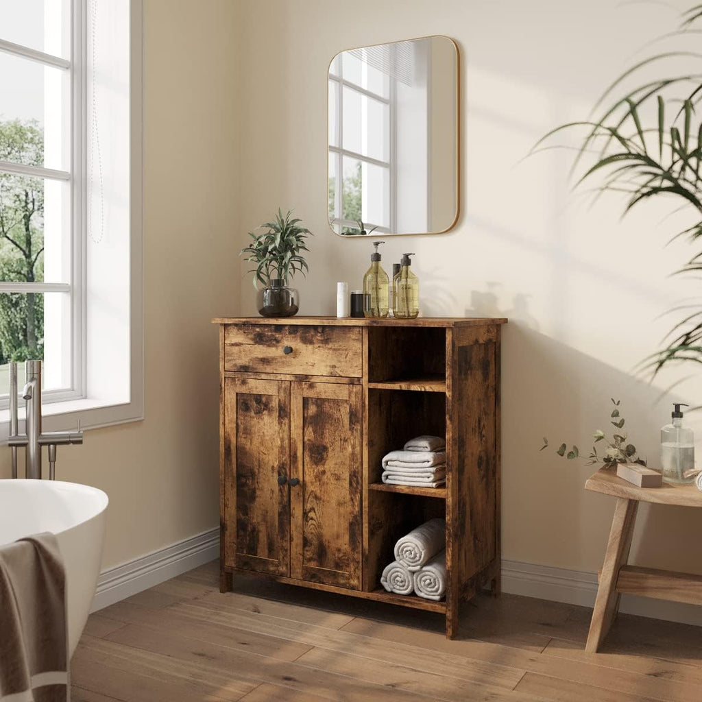 Rustic Brown Free-Standing Bathroom Cabinet with Drawer and Adjustable Shelf J90029