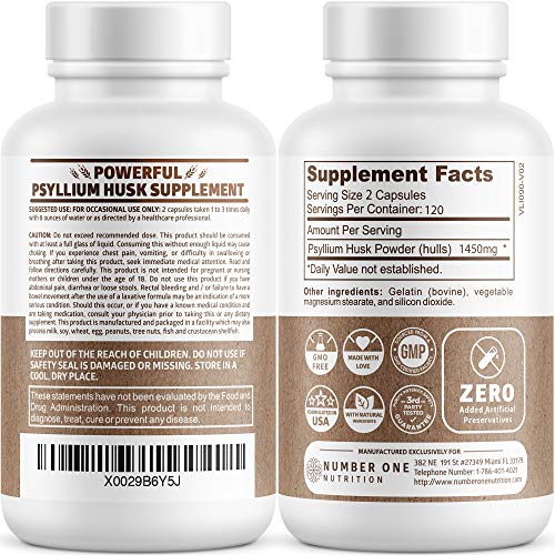 Psyllium Husk Capsules 1450 mg 240 Caps D697