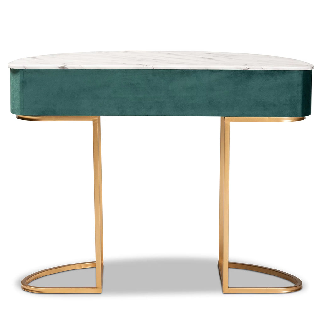 Green Velvet 1-Drawer Console Table with Faux Marble Tabletop D586374