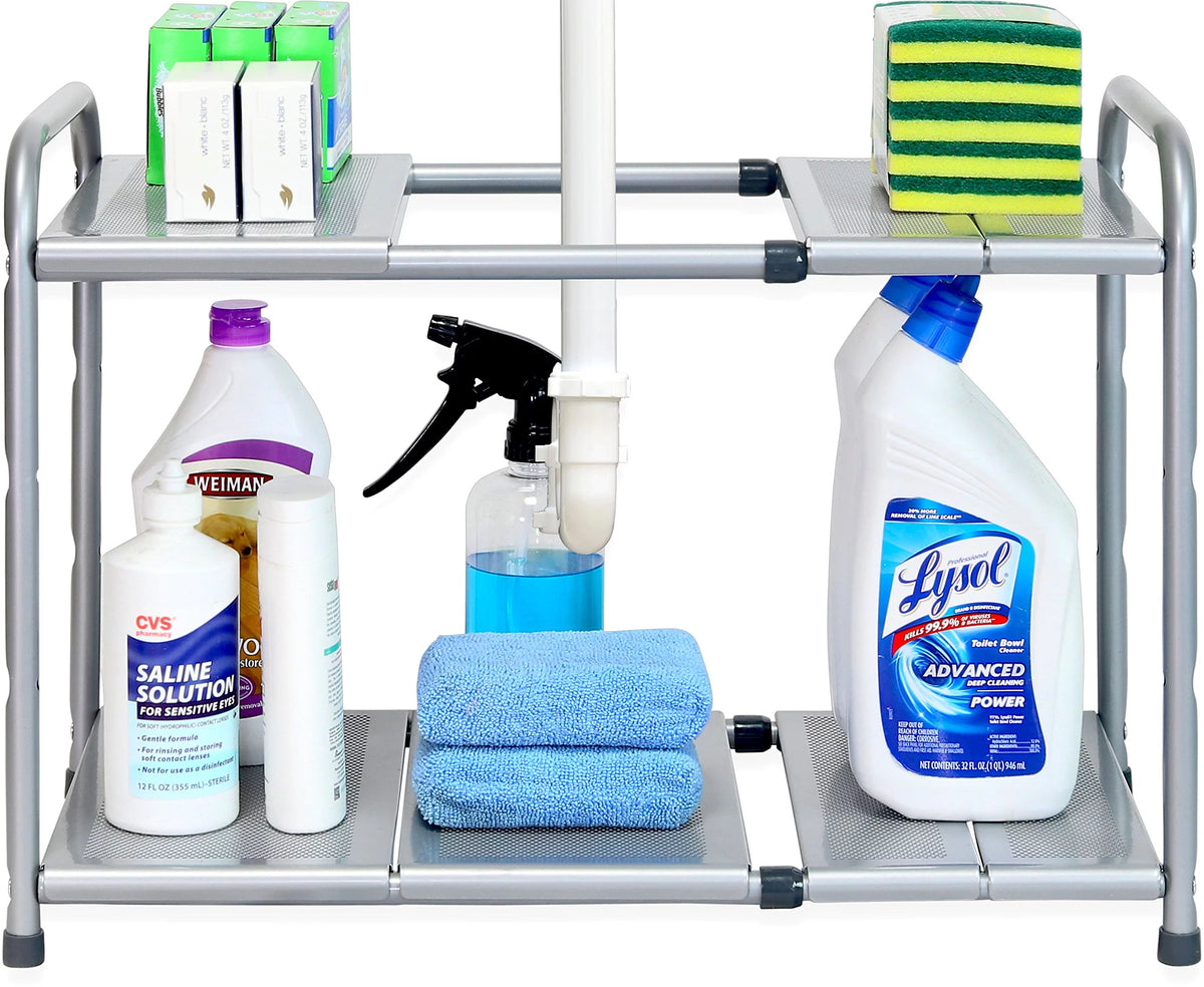 Under Sink 2 Tier Expandable Shelf Organizer Rack, Silver U636