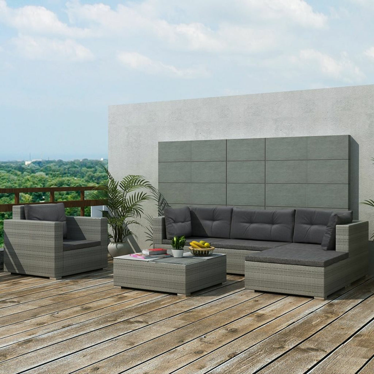 Grey Rattan Patio Sectional Sofa Set with Cushions Ottoman and Coffee Table M242276