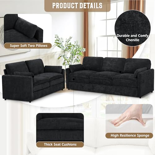 Black Chenille 3 Seats and 2 Seats Sofa Set with Pillows T42431