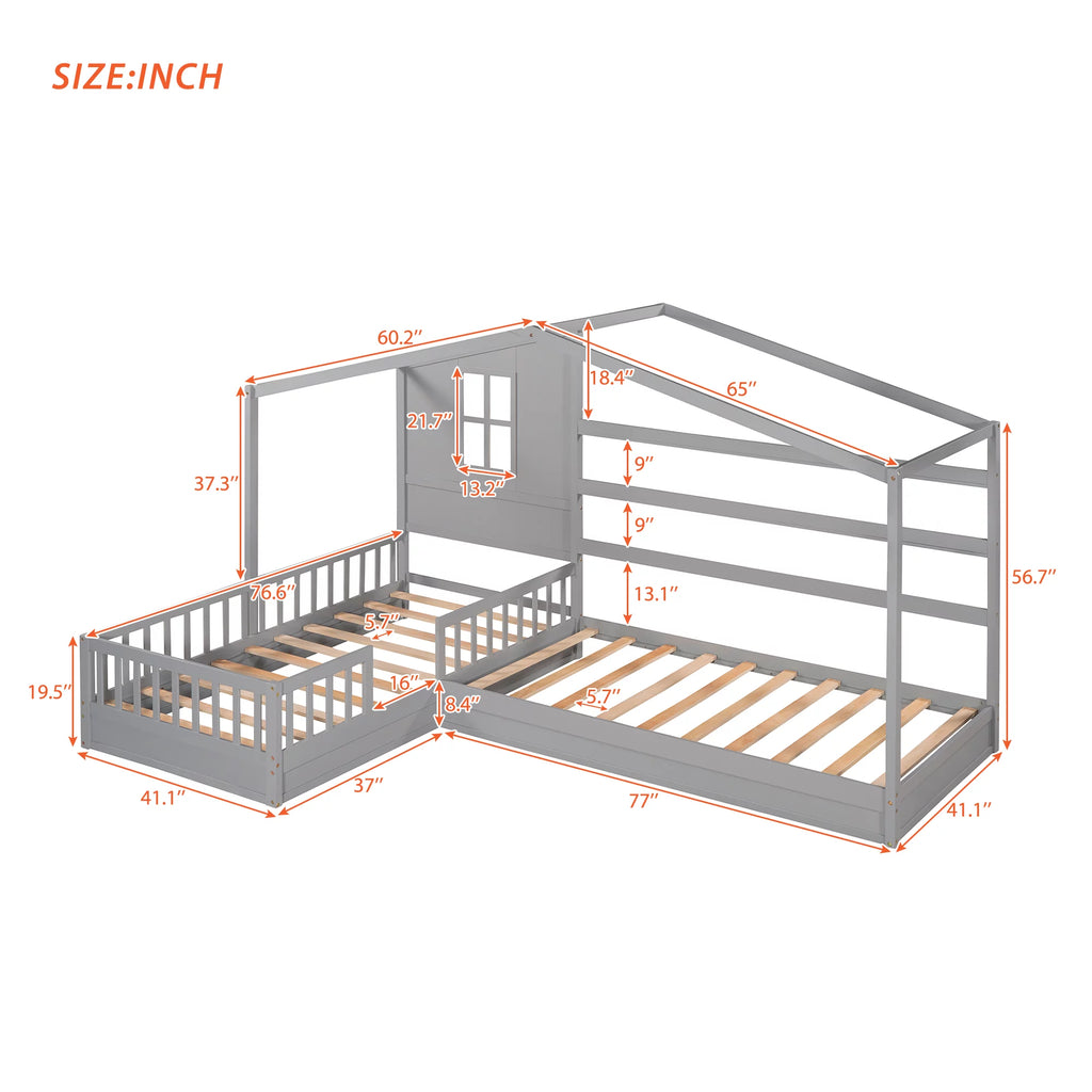 Wood L-Shape Twin Bed Frame with Roof and Fence Railings X2473