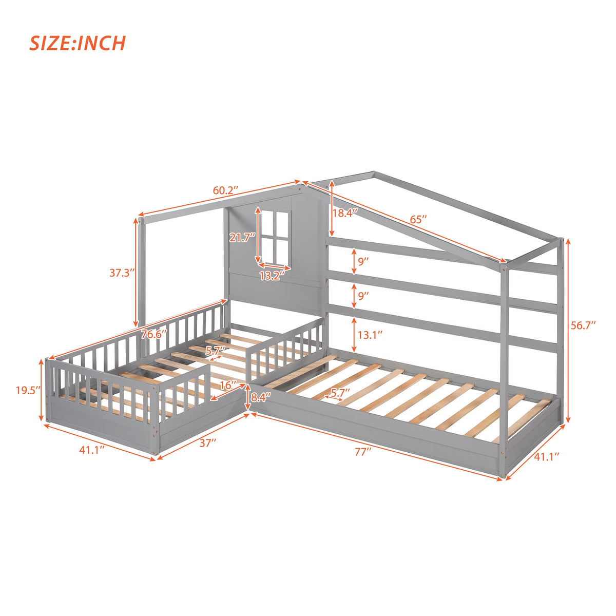 Wood L-Shape Twin Bed Frame with Roof and Fence Railings X2473