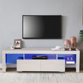White Solid Wood TV Stand with LED Lights and Storage Drawer R5612