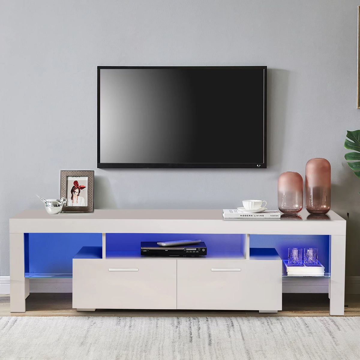 White Solid Wood TV Stand with LED Lights and Storage Drawer R5612