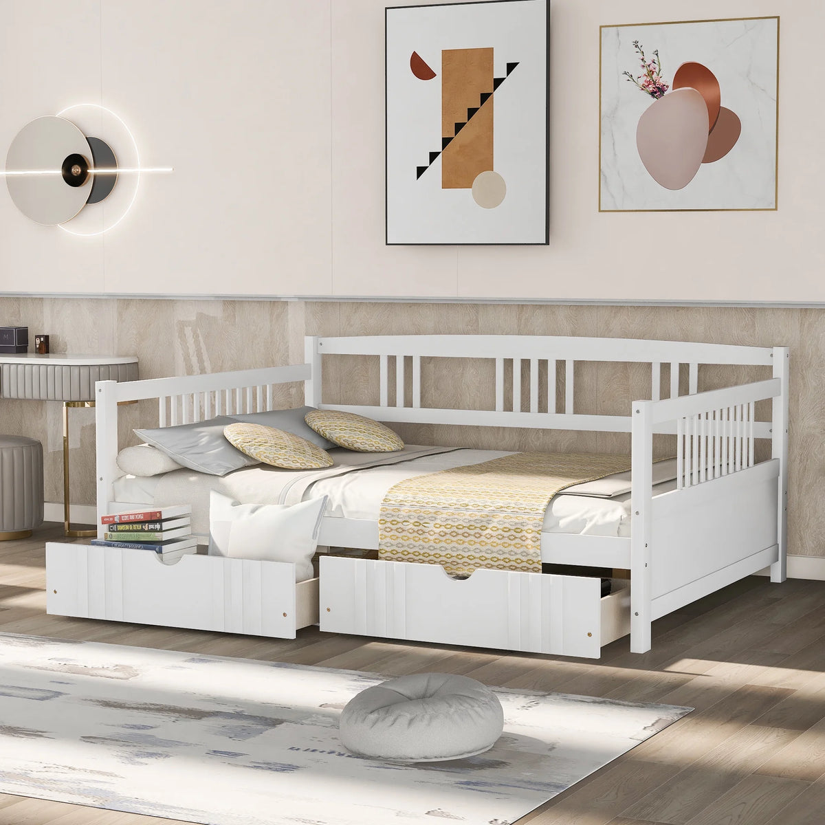 White Full Size Wood Daybed with Two Storage Drawers U481