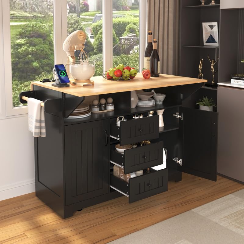 55.7'' Rolling Kitchen Island with Drop Leaf and Power Outlet Q477