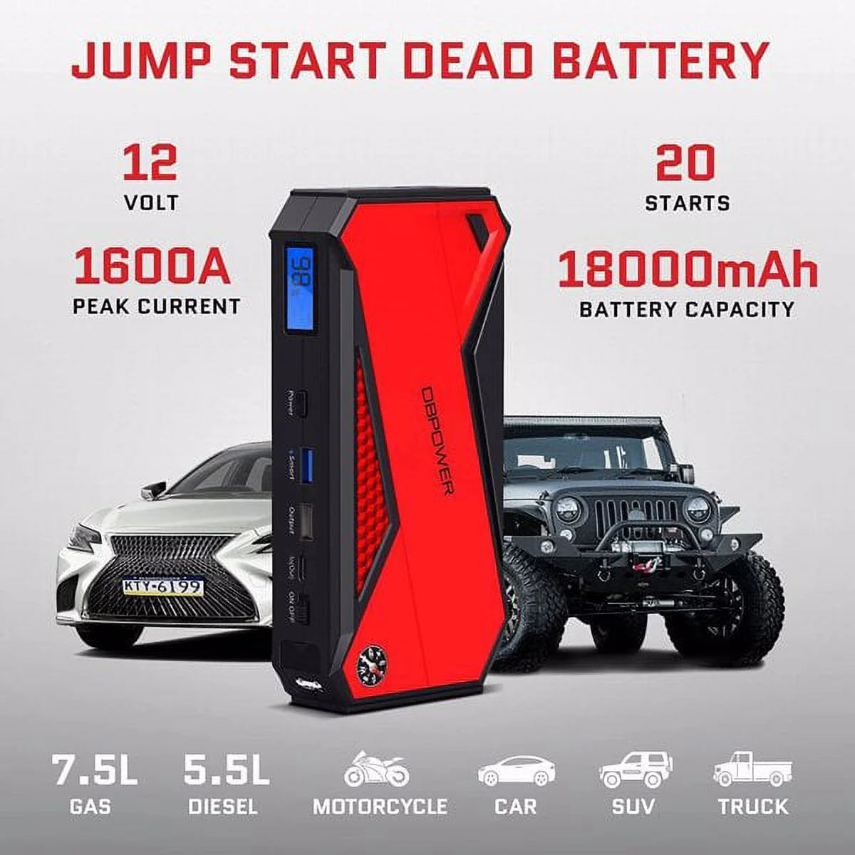 1600A 18000mAh Portable Car Battery Jump Starter F835