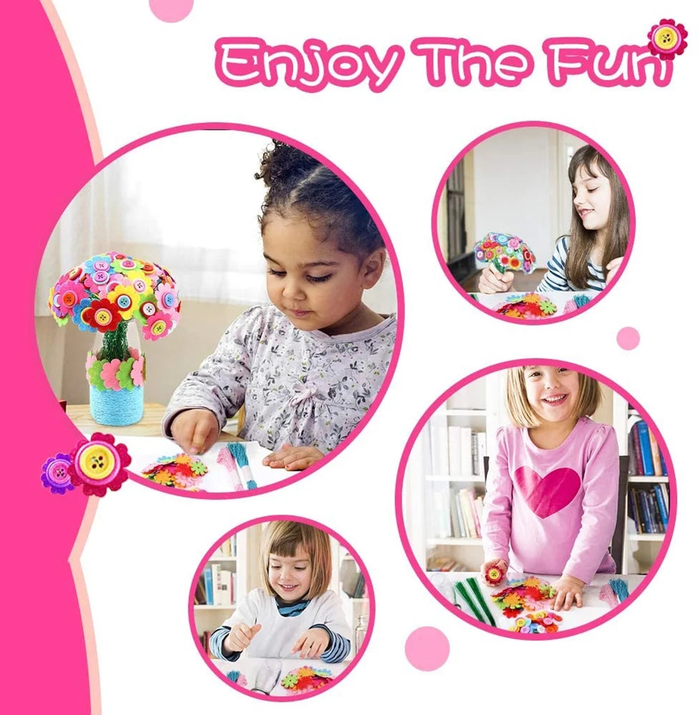Colorful Buttons and Felt Flower Kit Vase Arts Toy Craft Project E914