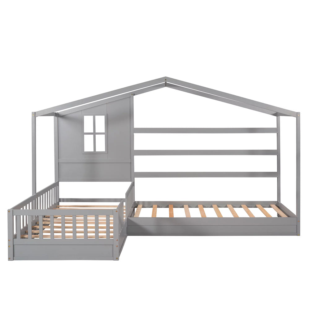 Wood L-Shape Twin Bed Frame with Roof and Fence Railings X2473