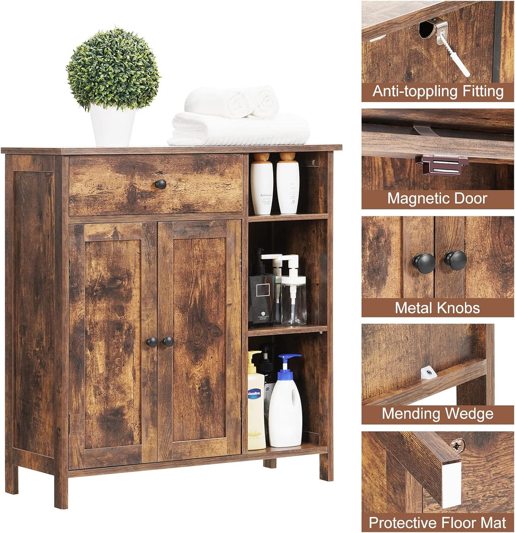 Rustic Brown Free-Standing Bathroom Cabinet with Drawer and Adjustable Shelf J90029
