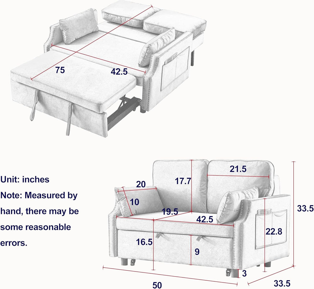 Grey Velvet Upholstered Recliner Bed with Pull-Out Sleeper Sofa Folding Loveseat Z602775
