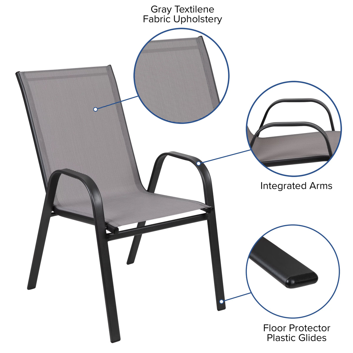 5 Piece Outdoor Patio Dining Set with Tempered Glass Table and 4 Gray Stack Chairs N83801