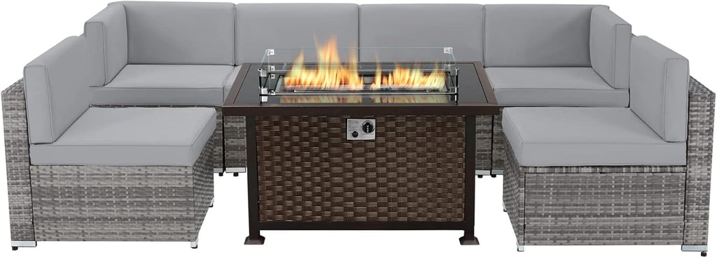 7 Pieces Outdoor Patio Furniture Set with Fire Pit Table D866915