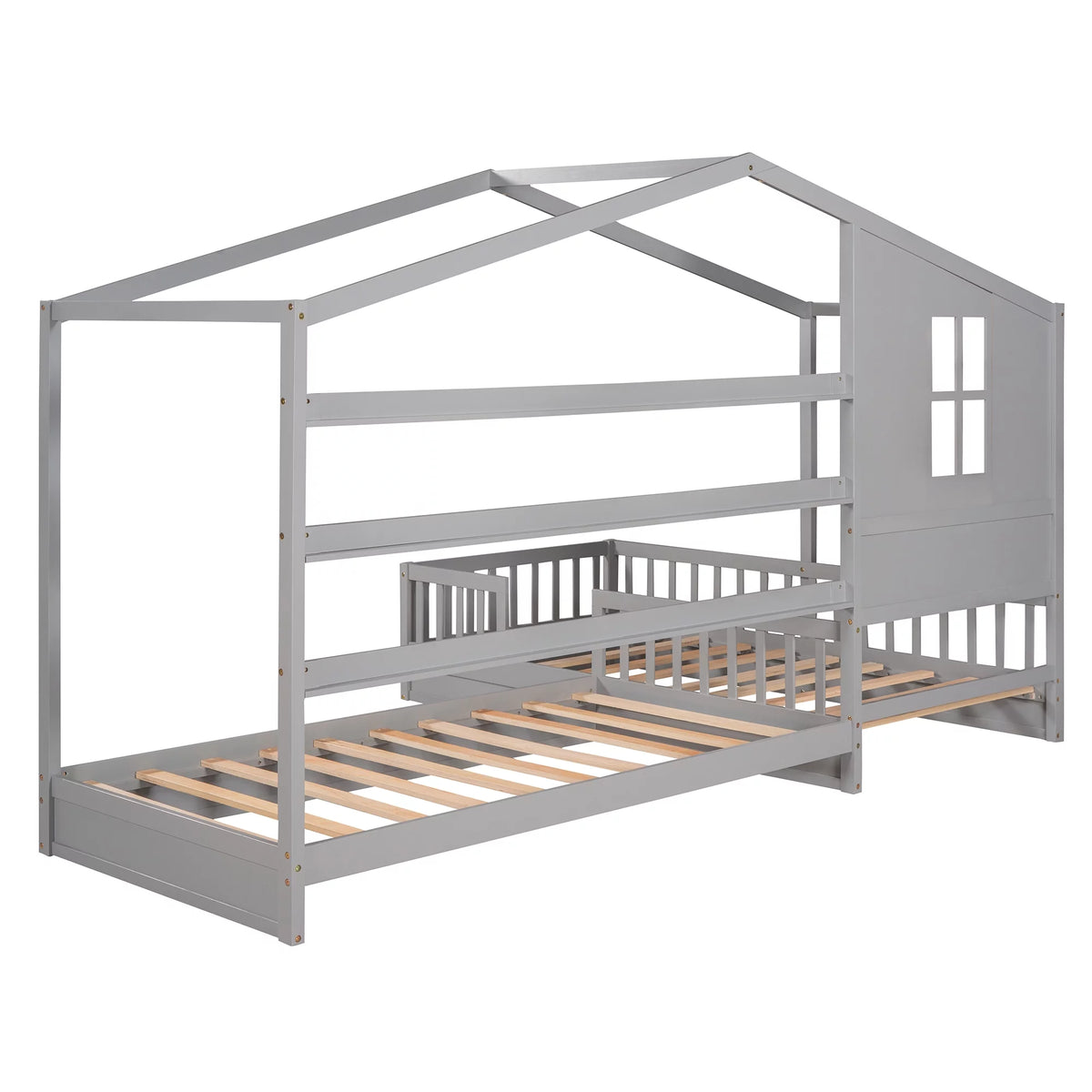 Wood L-Shape Twin Bed Frame with Roof and Fence Railings X2473
