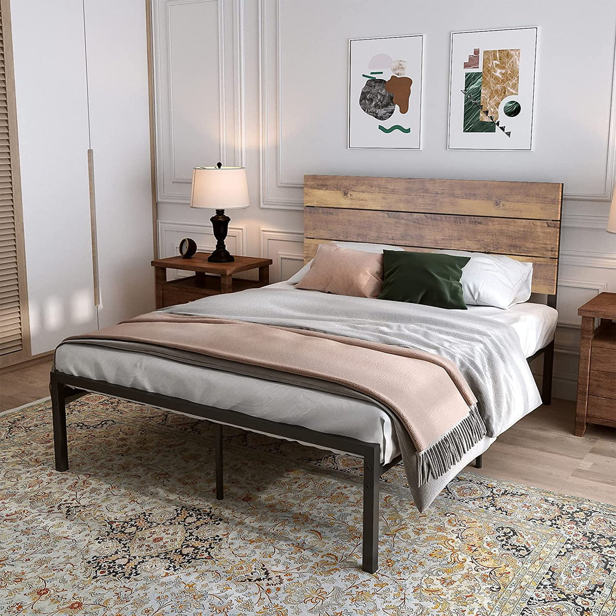 Queen Size Metal Wood Bed Frame with White Headboard I798534