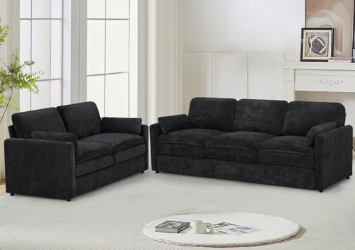 Black Chenille 3 Seats and 2 Seats Sofa Set with Pillows T42431