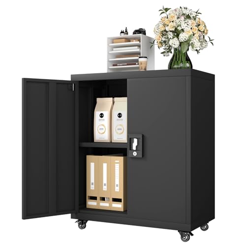 Metal Storage Cabinet with Locking Doors and Wheels, Black+Grey A83591