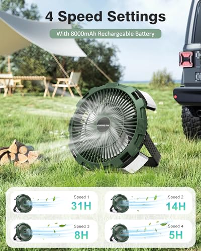 Camping Fan with LED Lantern, 8000mAh Rechargeable Battery Powered Tent Fan with Remote, 4 Speed B510840