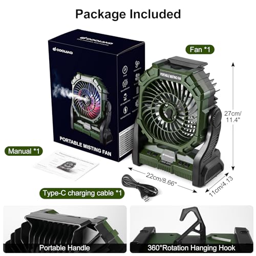 Portable Misting Fan with LED Light, 20000mAh Rechargeable with 250mL Water Tank and Hook, Orange V780