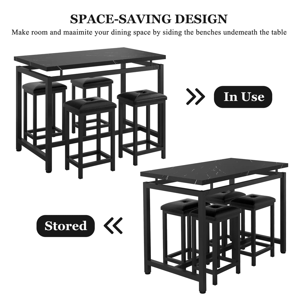 5 Piece Counter Height Dining Table Set with 4 Faux Leather Stools E348