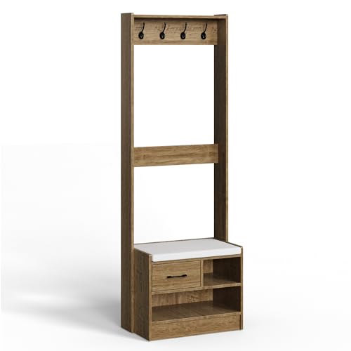 White Wood Hall Tree with Bench and Coat Rack W870