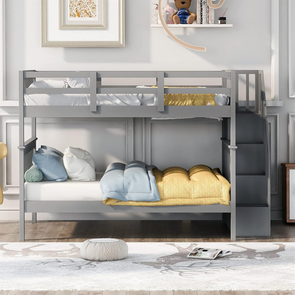 Gray Solid Wood Twin Loft Bed with Slide and Storage W877647