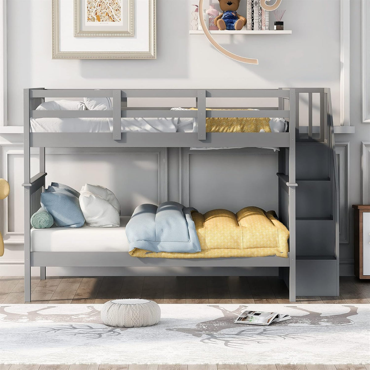 Gray Solid Wood Twin Loft Bed with Slide and Storage W877647