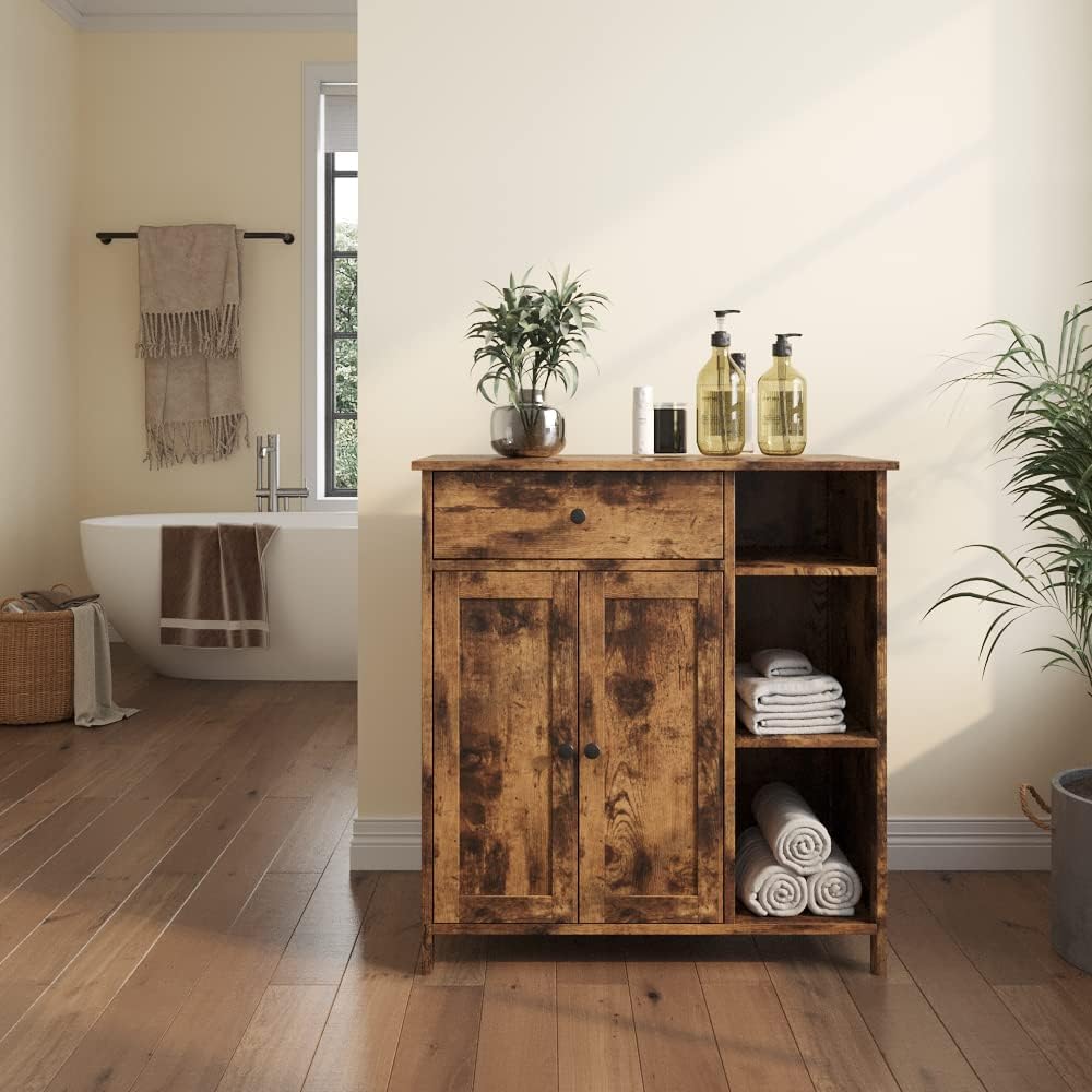 Rustic Brown Free-Standing Bathroom Cabinet with Drawer and Adjustable Shelf J90029